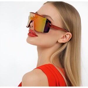 Women Red Frame Shield Sunglasses Mirrored Lens Sport Cycling Running Driving